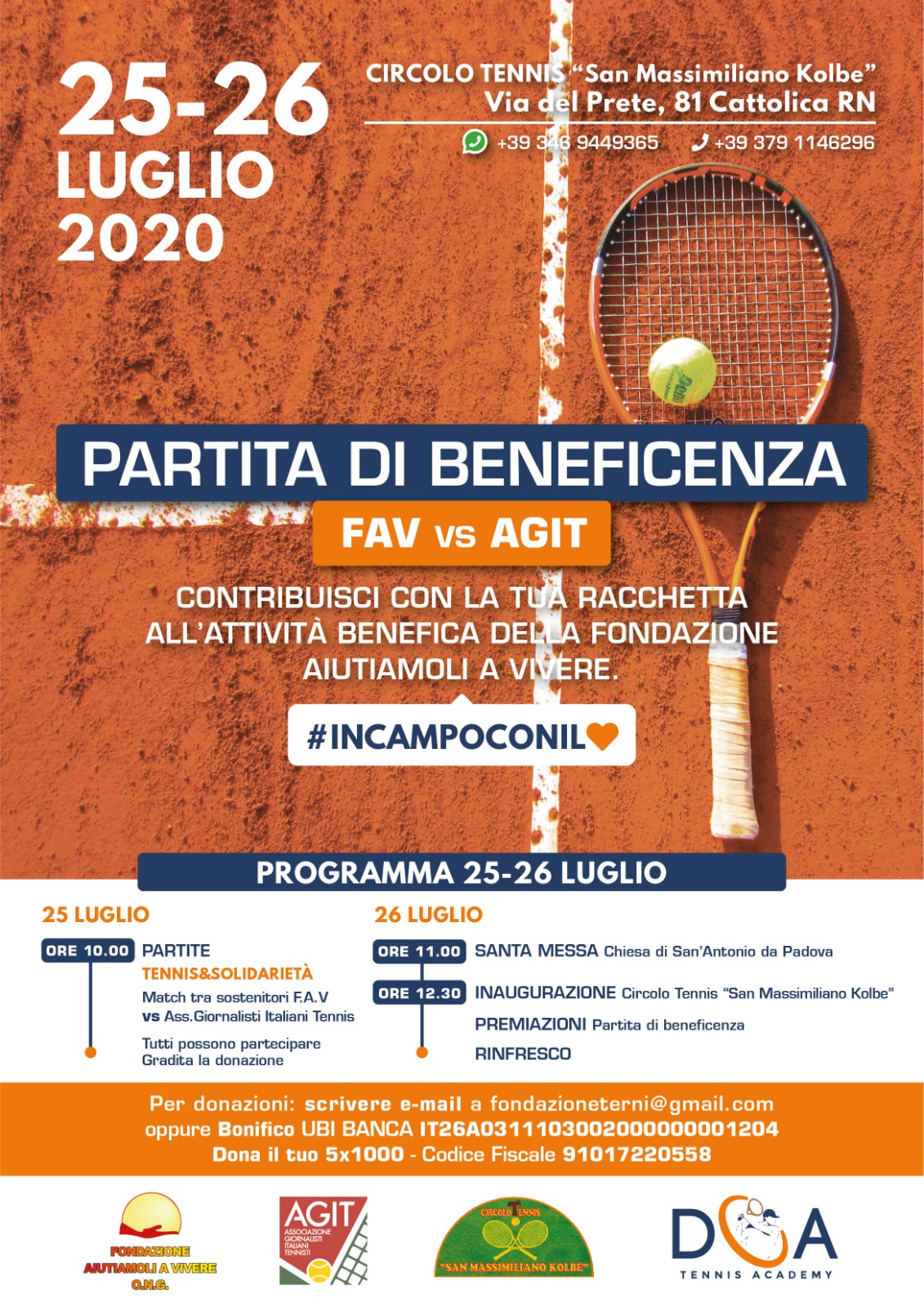 Tennis e solidarietà, a Cattolica partita di beneficienza FAV vs AGIT